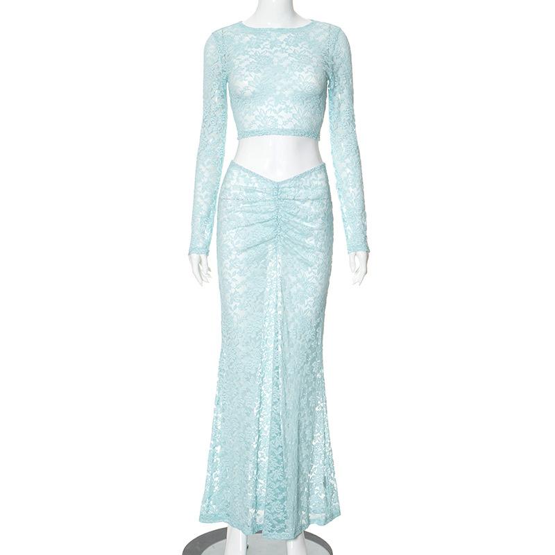 Long sleeve lace see through crop maxi skirt set