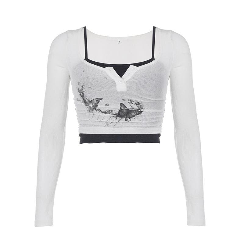 Butterfly pattern long sleeve button contrast 2 piece crop top