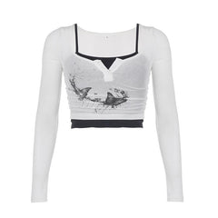 Butterfly pattern long sleeve button contrast 2 piece crop top