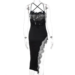 Hem lace slit satin cross open back dress  | black rave dress  | black rave dress