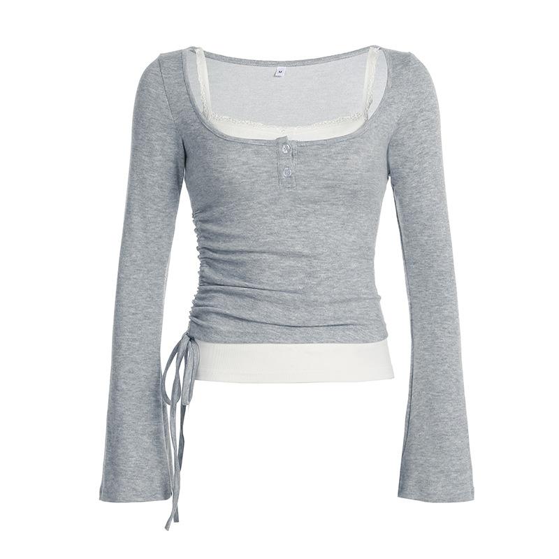 U neck long sleeve lace hem drawstring 2 piece top