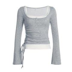 U neck long sleeve lace hem drawstring 2 piece top