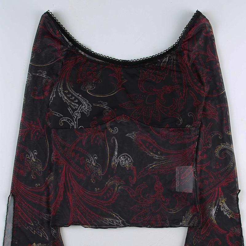 Long flared sleeve abstract mesh top