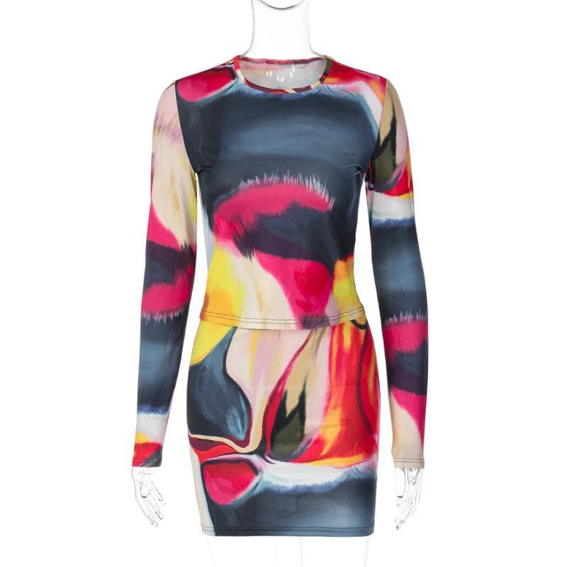 Long sleeve tie dye round neck mini skirt set