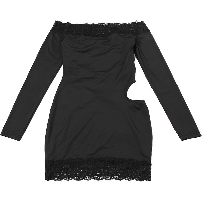 Long sleeve off shoulder lace hem hollow out mini dress