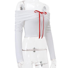 Long sleeve off shoulder bowknot ribbon top
