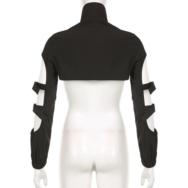 High neck long sleeve hollow out buckle crop coat top