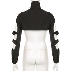 High neck long sleeve hollow out buckle crop coat top