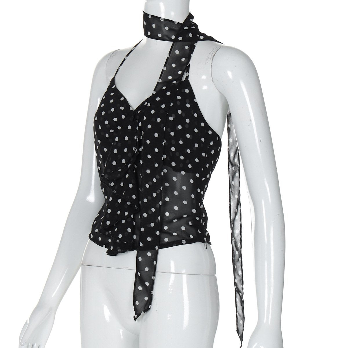 Halter polka dot ruffle knotted top