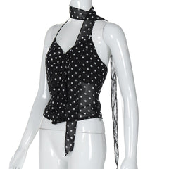 Halter polka dot ruffle knotted top