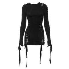 Hollow out self tie long sleeve solid crewneck mini dress  | red tango dress