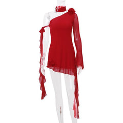 Long flared sleeve one shoulder ruffle flower applique mesh mini dress  | red tango dress