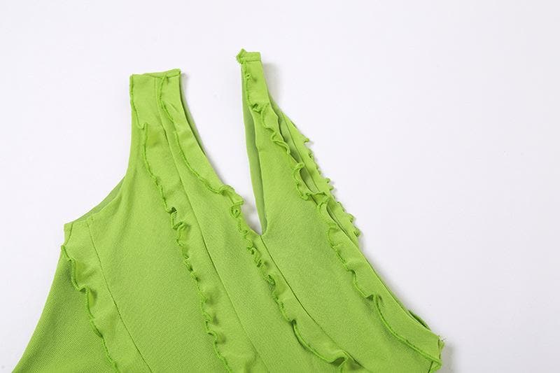 Irregular hollow out ruffle mesh solid one shoulder cut out top