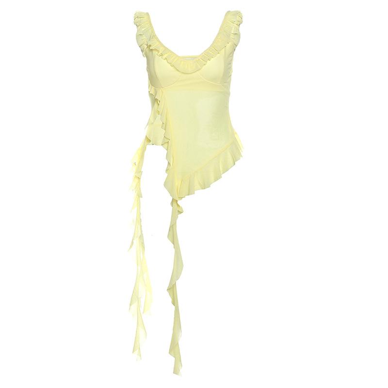 U neck ruffle slit sheer mesh solid cami top