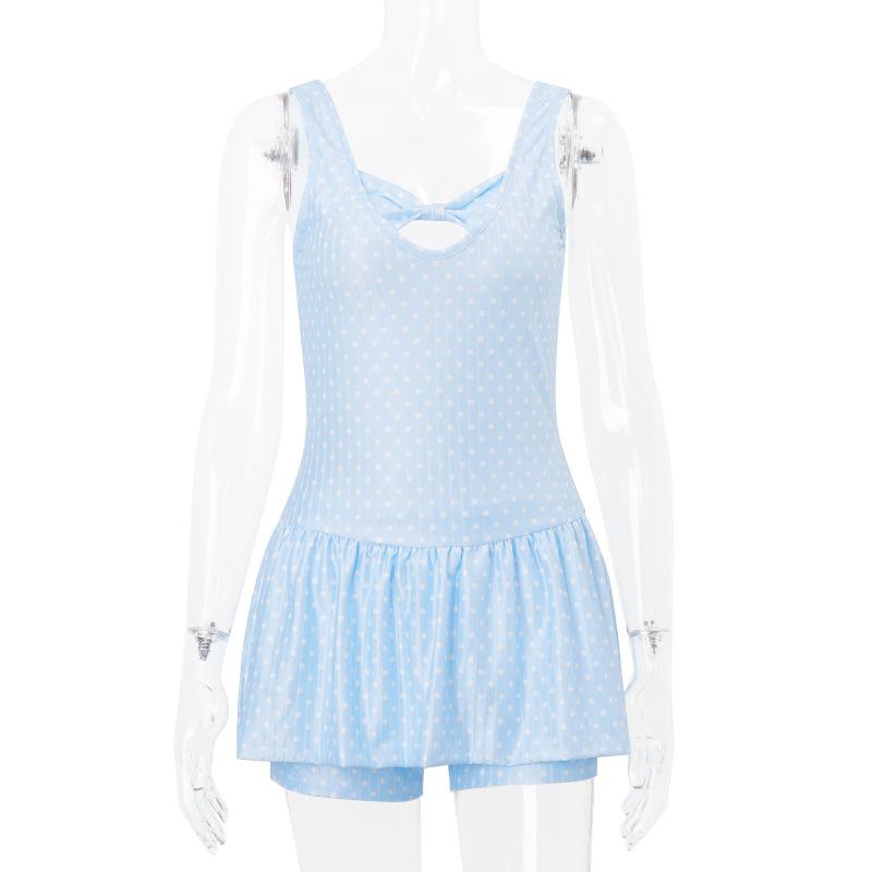 Sleeveless polka dot bowknot hollow out pant set