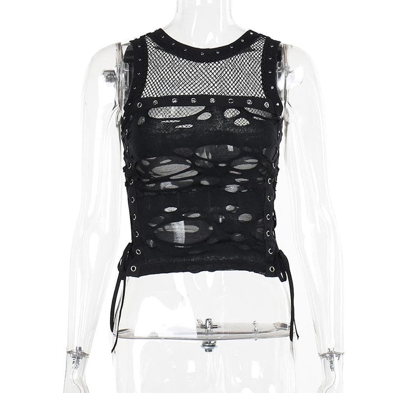 Crewneck fishnet buckle hollow out lace up tank cut out top
