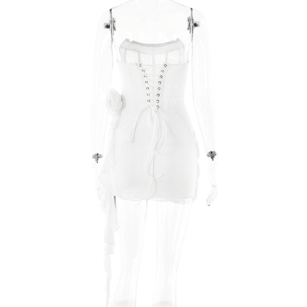 U neck bustier ruffle flower applique tube mini dress