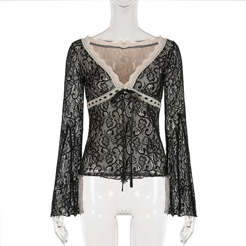 Long flared sleeve lace bowknot top