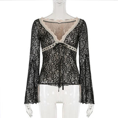 Long flared sleeve lace bowknot top