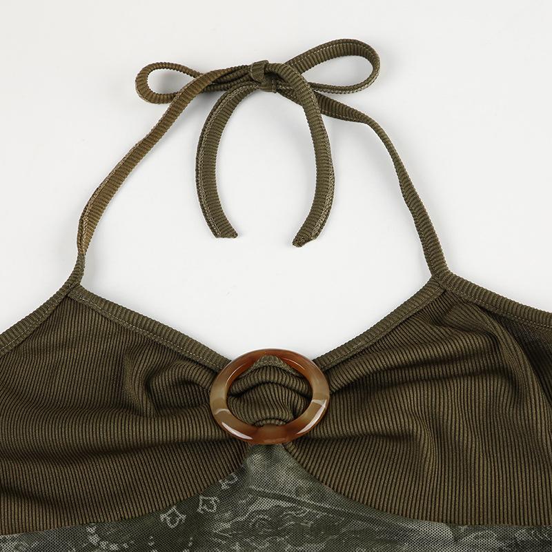 Ruched buckle print mesh ruffle cami top