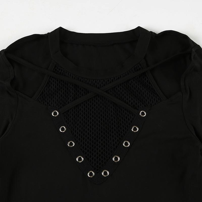 Long sleeve cross front hollow out fishnet patchwork top