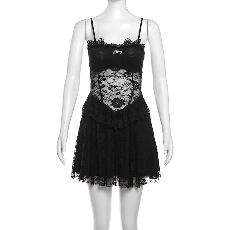 Sweetheart neck metal tag lace ruffle cami mini dress