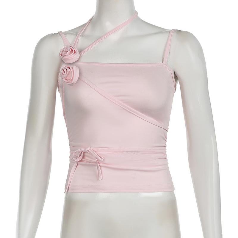Flower applique knotted square neck cami top