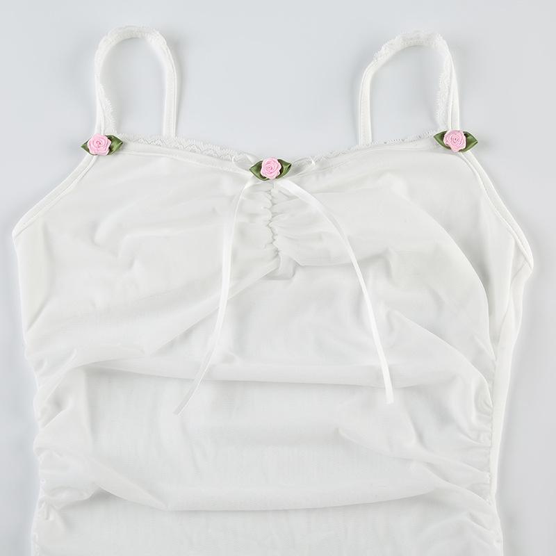 Flower applique ribbon ruched lace hem cami top