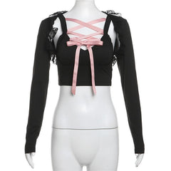 Long sleeve lace hem lace up shrug 2 piece top