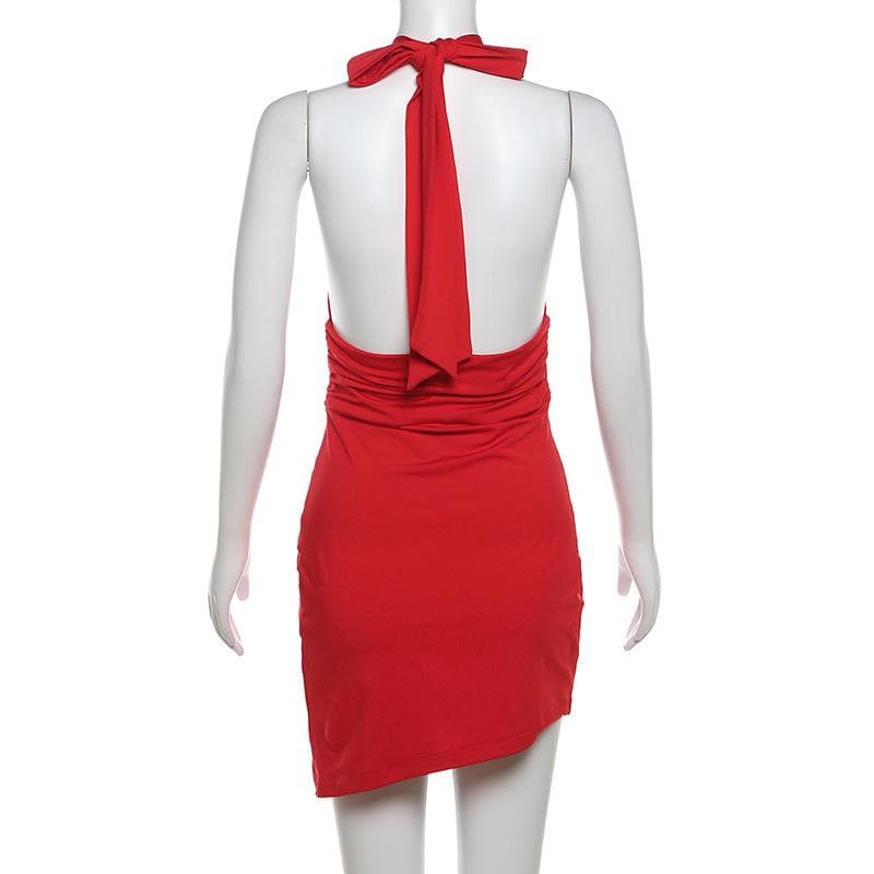 Halter deep v neck ruched backless mini dress  | red tango dress