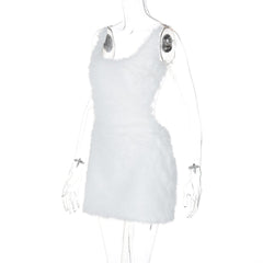 U neck fluffy zip-up backless cami mini dress