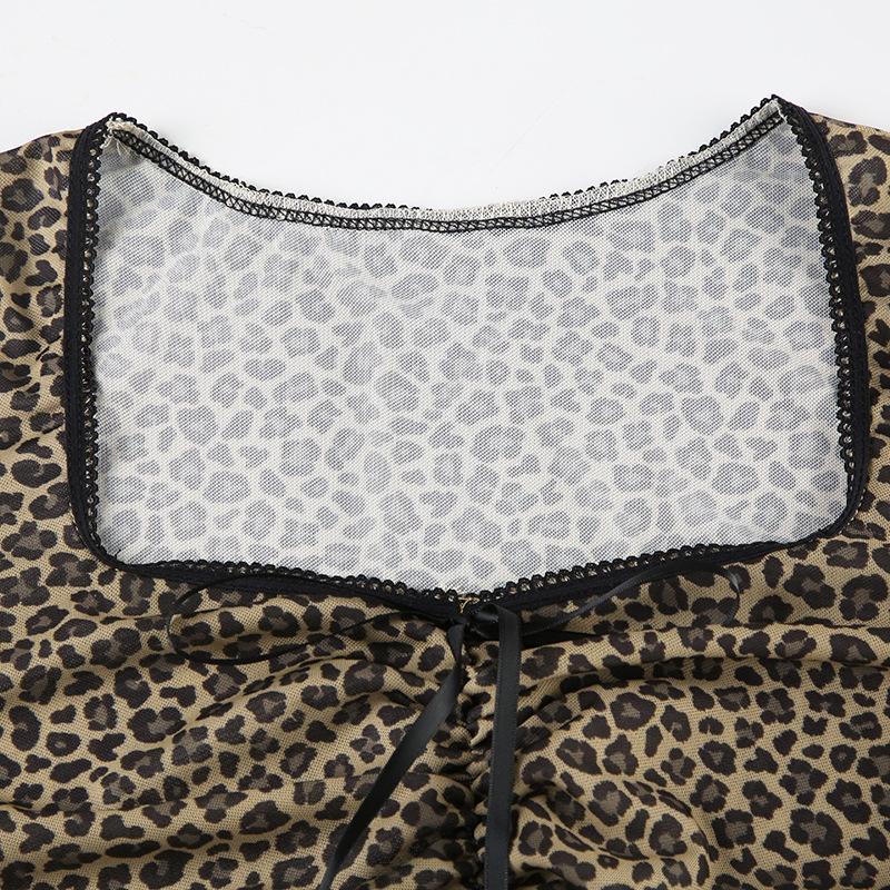 Leopard print long sleeve mesh crop top