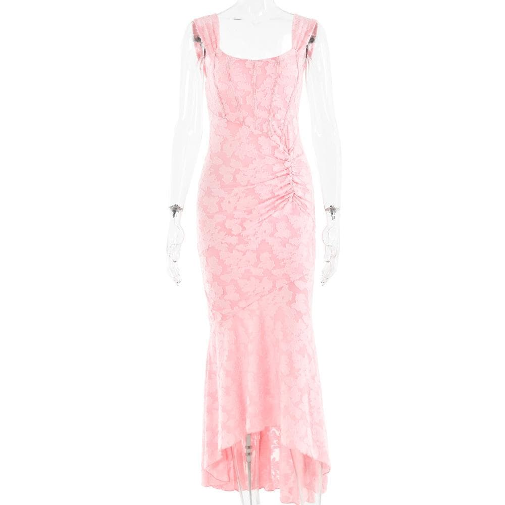 U neck zip-up ruched bustier ruffle cami maxi dress