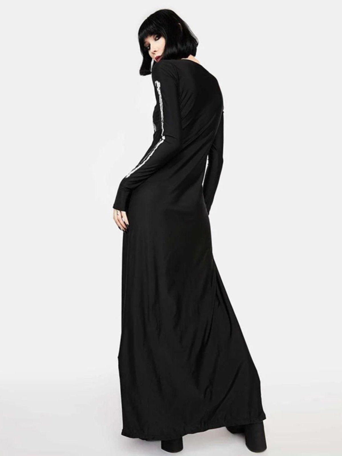 Long sleeve slit human skeleton print maxi dress