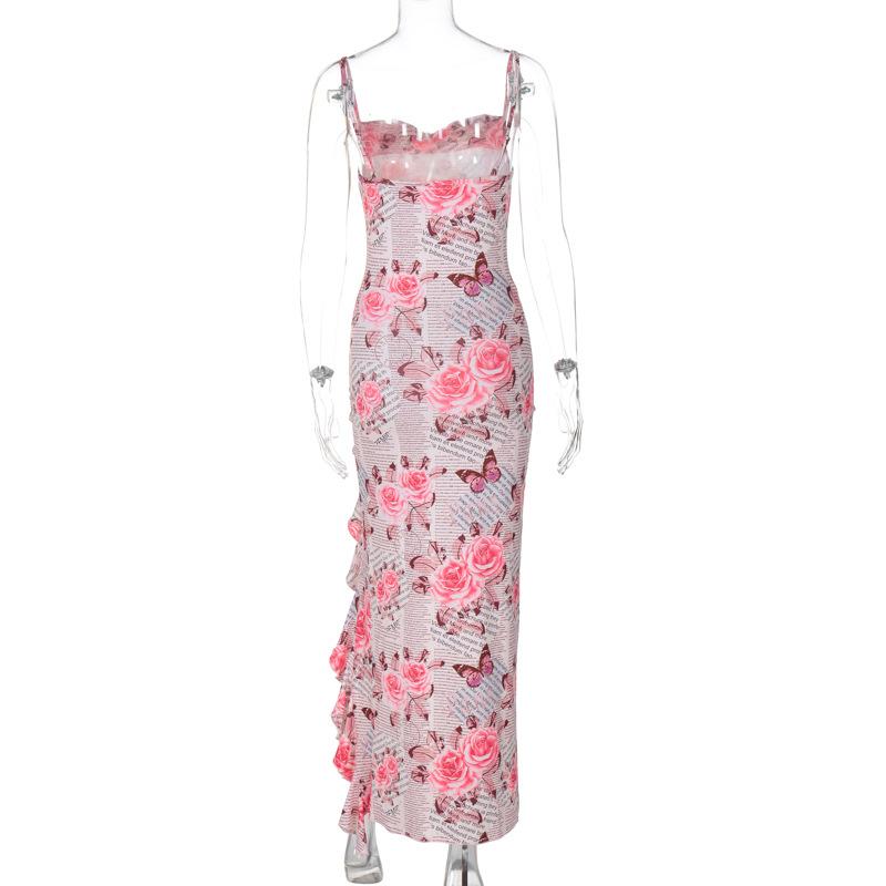 Cowl neck ruffle slit butterfly print cami maxi dress