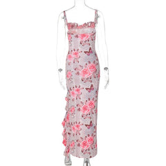 Cowl neck ruffle slit butterfly print cami maxi dress