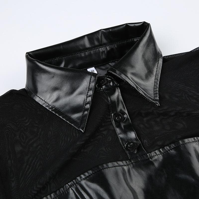Button turnover collar mesh long flared sleeve PU leather bodysuit