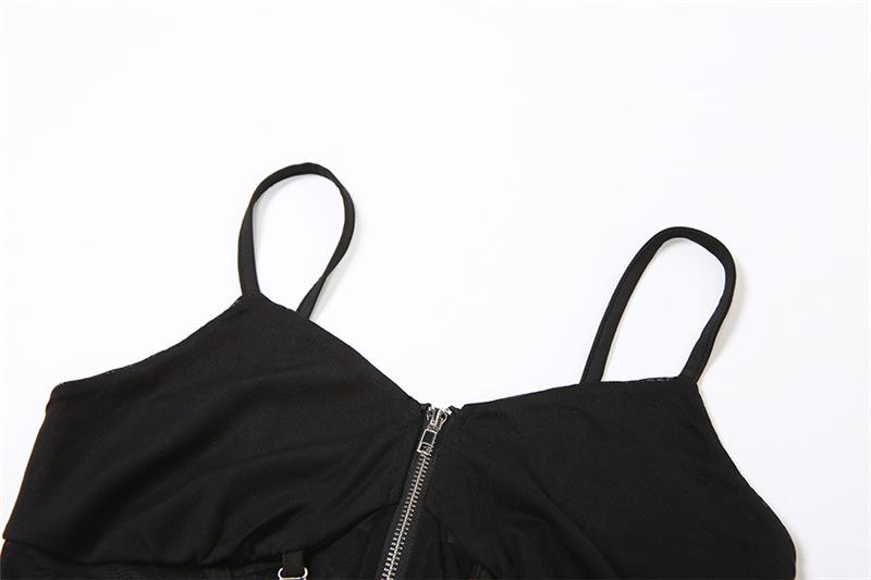 Zip-up mesh solid backless crop cami top