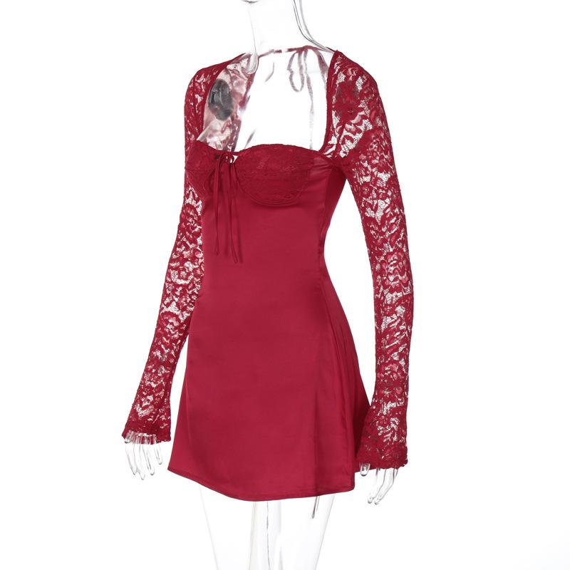 Long sleeve lace knotted ruched solid mini dress  | red tango dress
