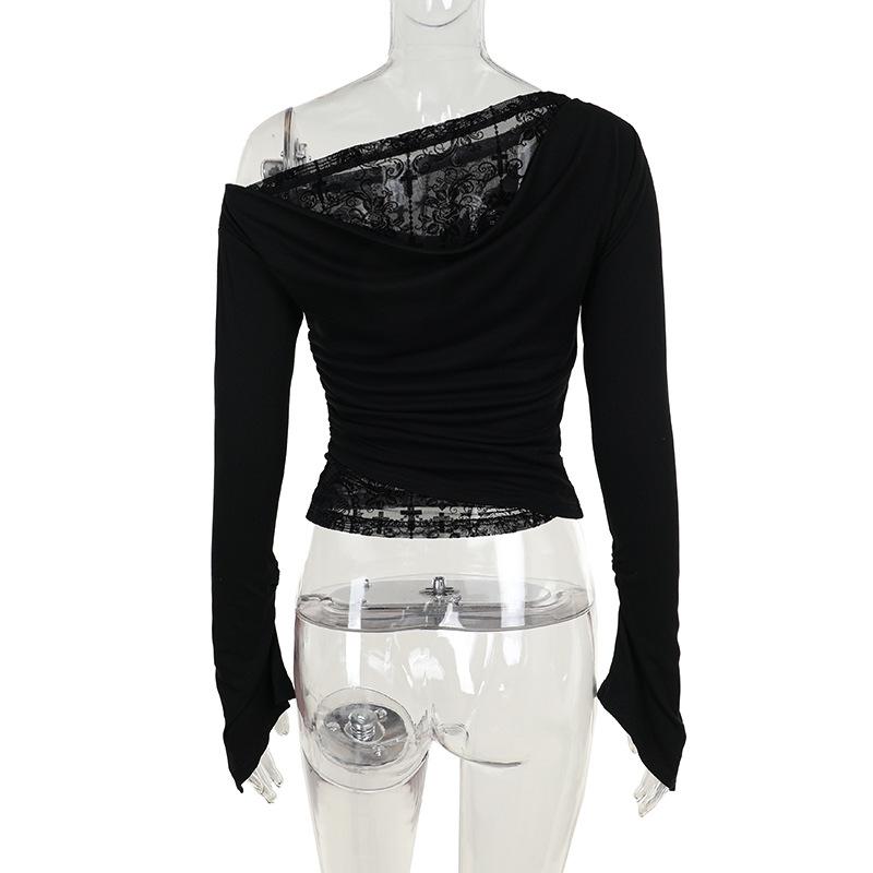 Off shoulder long flared sleeve mesh patchwork top