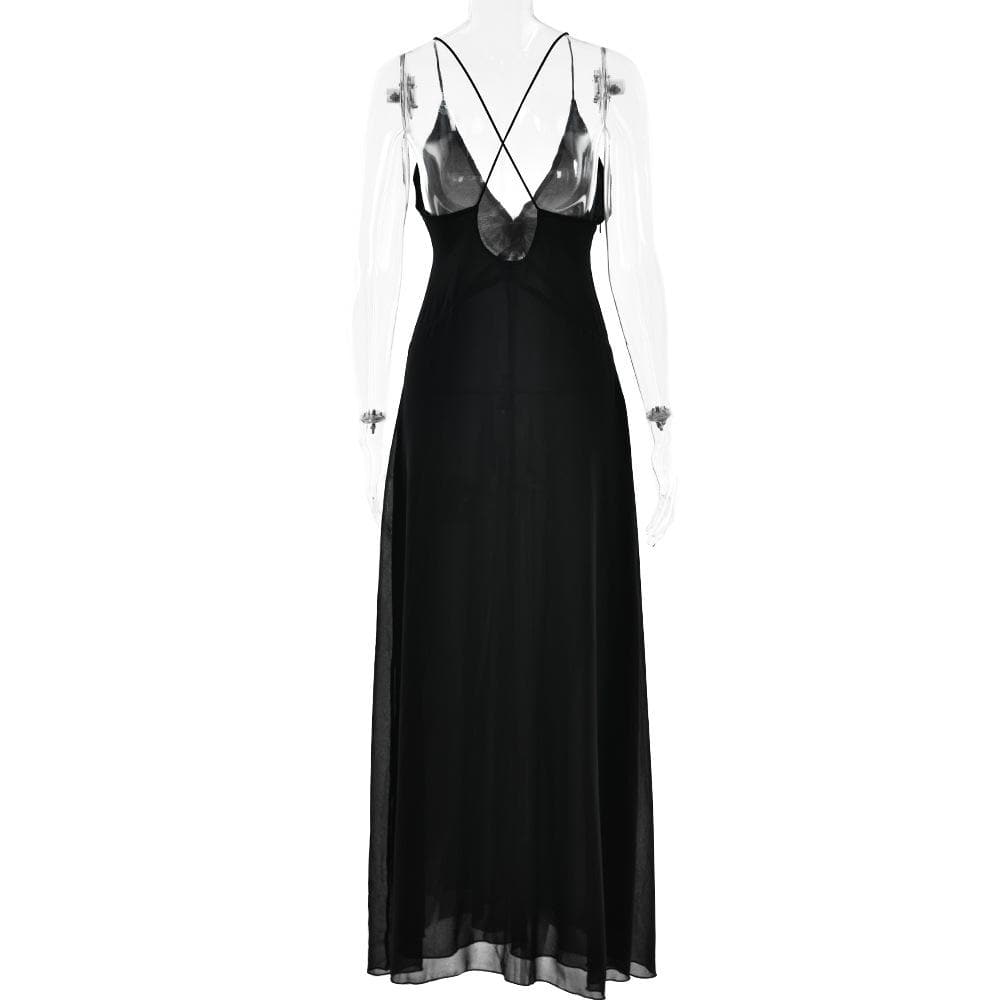Flower applique v neck ruched zip-up cross back maxi dress  | black rave dress  | black rave dress