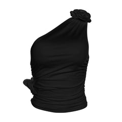 Flower applique one shoulder solid backless ruched irregular crop top