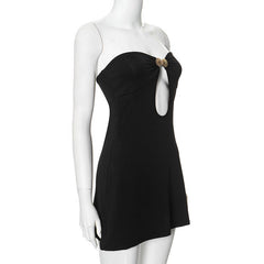 Metal applique hollow out solid tube mini dress