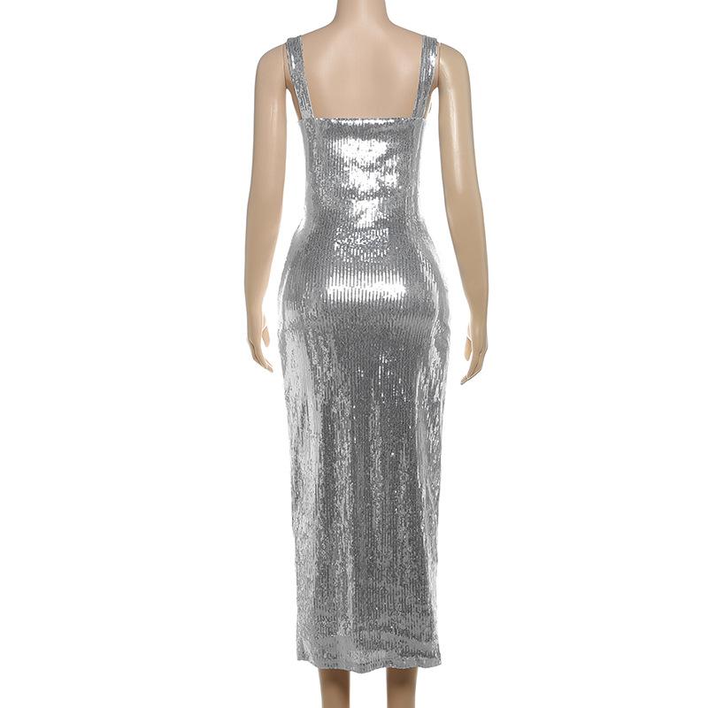 Glitter square neck hollow out metallic midi dress