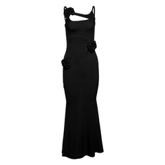 Hollow out rose applique solid cami maxi dress