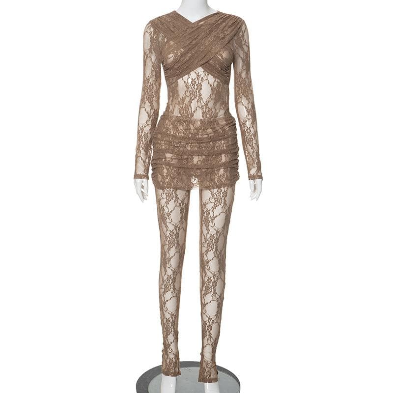 Long sleeve ruched lace zip-up see through 2 piece jumpsuit