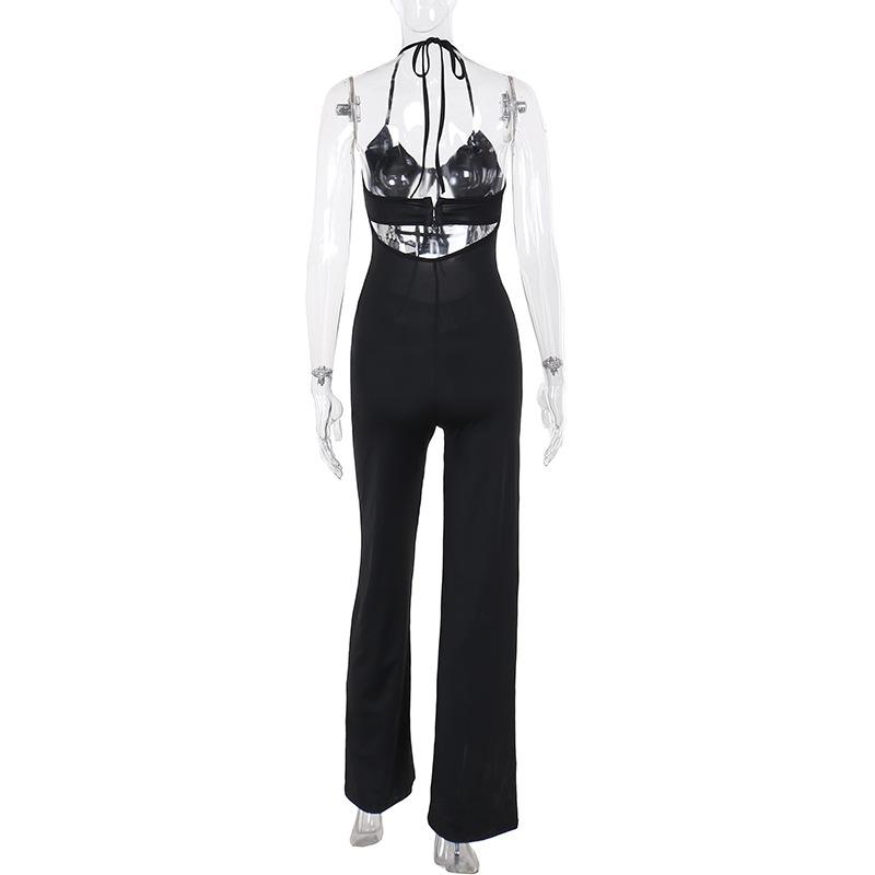 Halter v neck hollow out lace patchwork jumpsuit