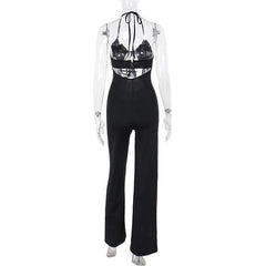 Halter v neck hollow out lace patchwork jumpsuit