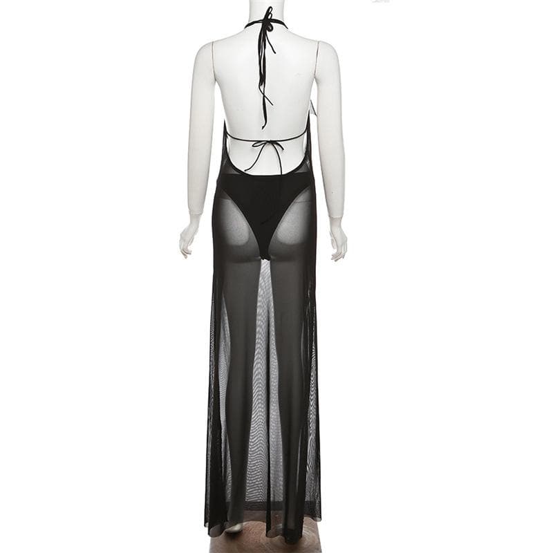 Ruched sheer mesh solid halter self tie backless 3 piece maxi dress  | samba dress