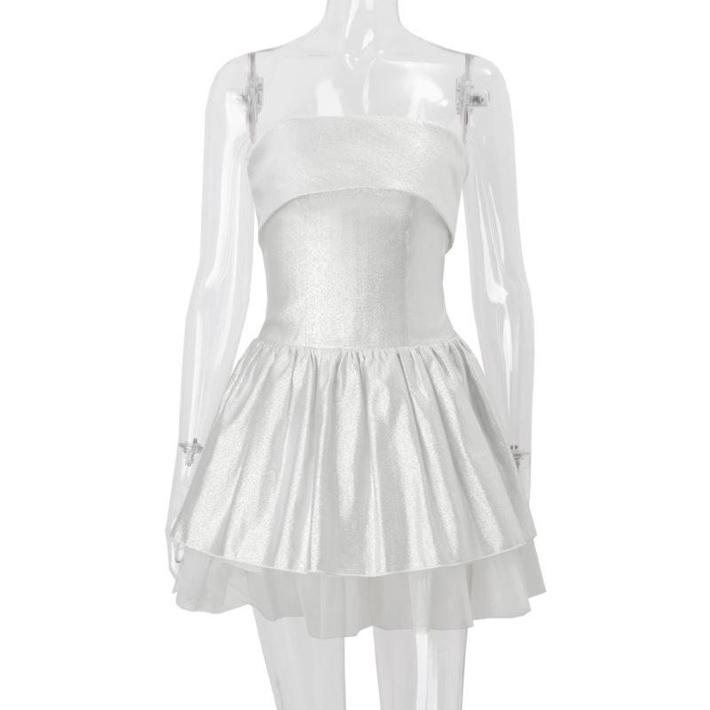 Off shoulder glitter mesh ruffle mini dress